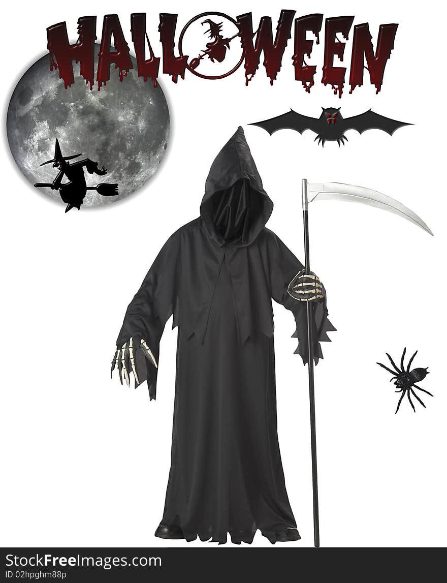 Halloween elements with witch, bat, spider, moon, and grim reaper vector. Halloween elements with witch, bat, spider, moon, and grim reaper vector