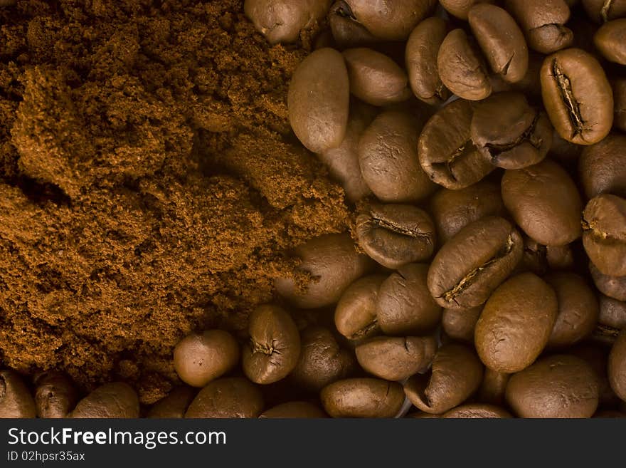 Ground Coffee And Coffee Beans, Mixed Together