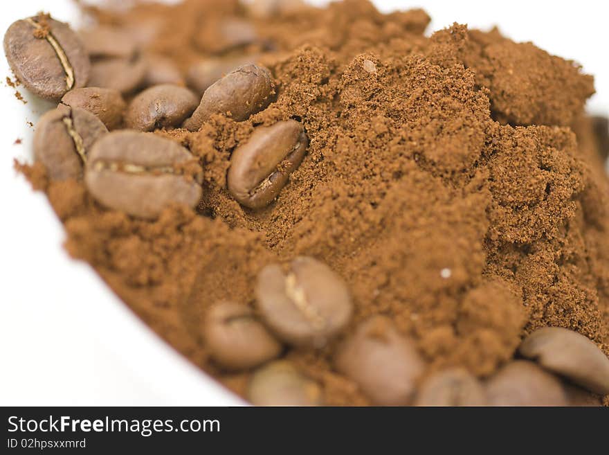 Coffee beans and ground coffee.