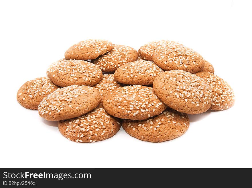 A pile of chocolate chip cookies isolated on a white background