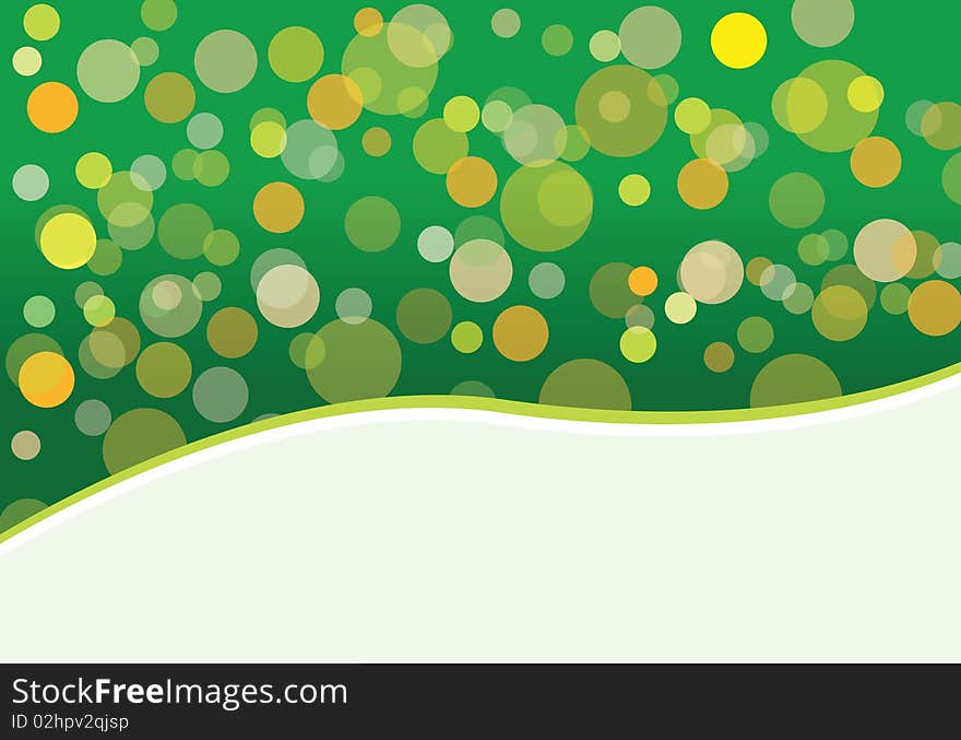 Spring postcard with colorful transparent bubbles on green and white background. Spring postcard with colorful transparent bubbles on green and white background