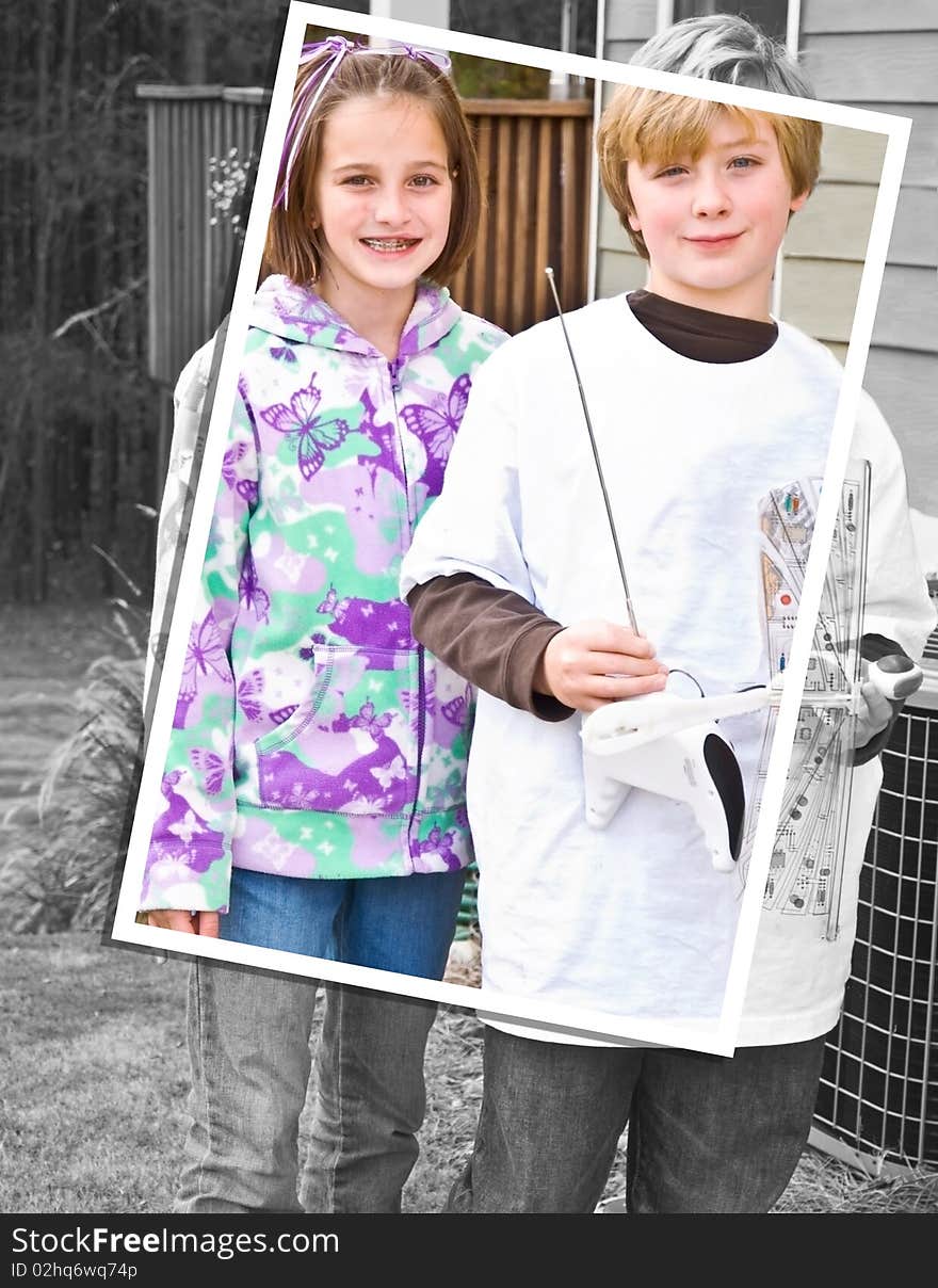 Frame within a photo style image of a young girl and boy. He's holding a remote control airplane. 10 years old