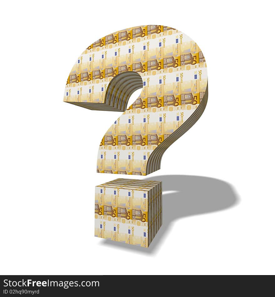 Question Symbol With Euro Banknotes on white background, 3D graphics