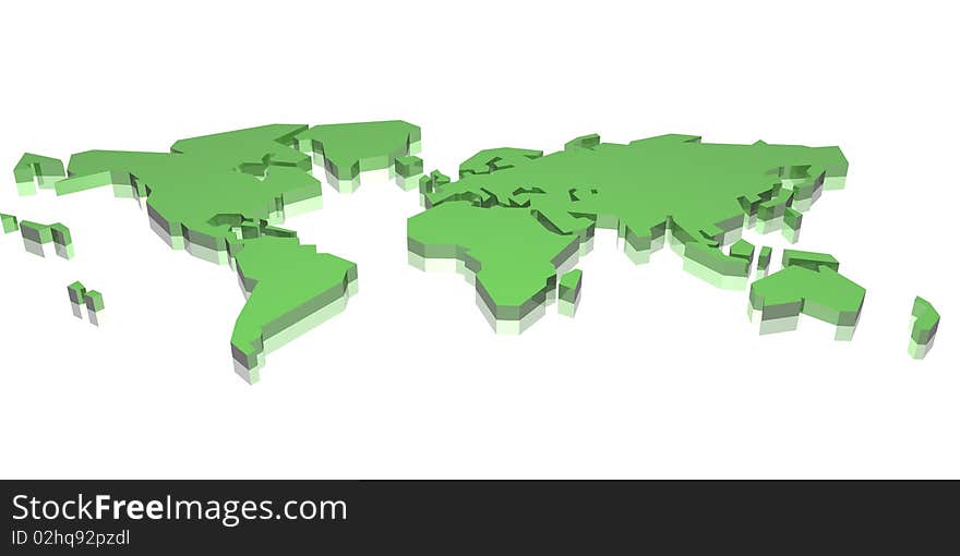 Simple World Map in 3D, green on white background