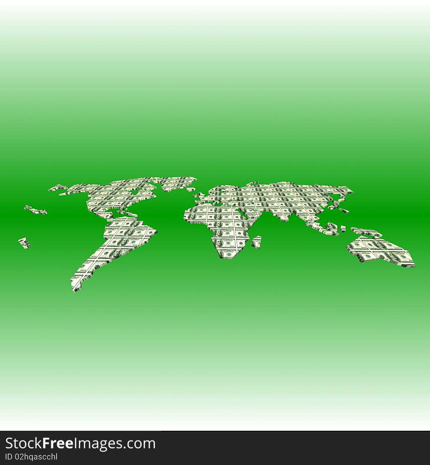 Earth Map In Dollar Banknotes On Green Background