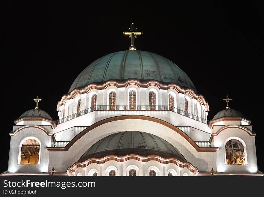 Night photo of the Orthodox Cathedral of Saint Sava in Belgrade, Serbia, largest Orthodox church building in the world