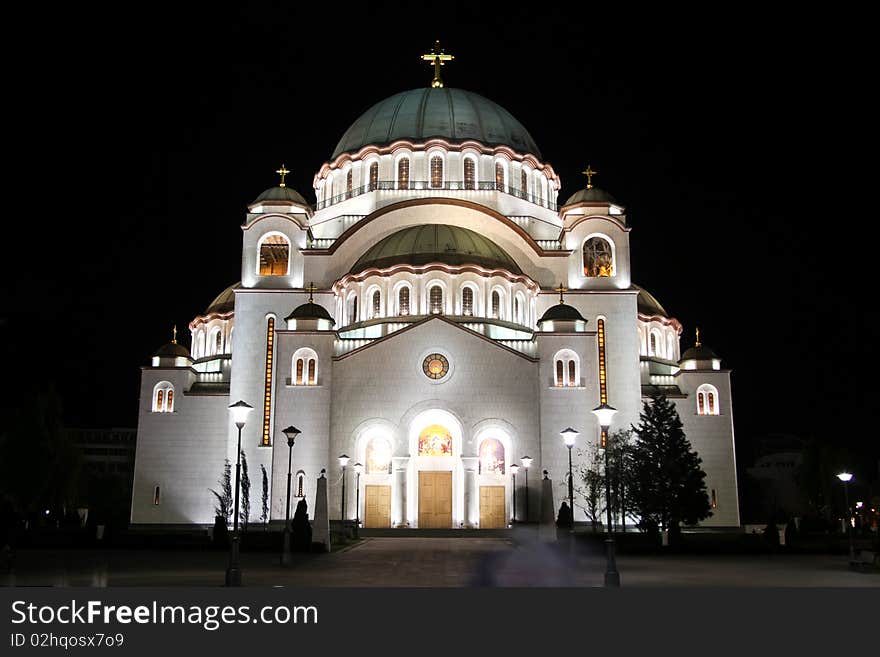 Night photo of the Orthodox Cathedral of Saint Sava in Belgrade, Serbia, largest Orthodox church building in the world