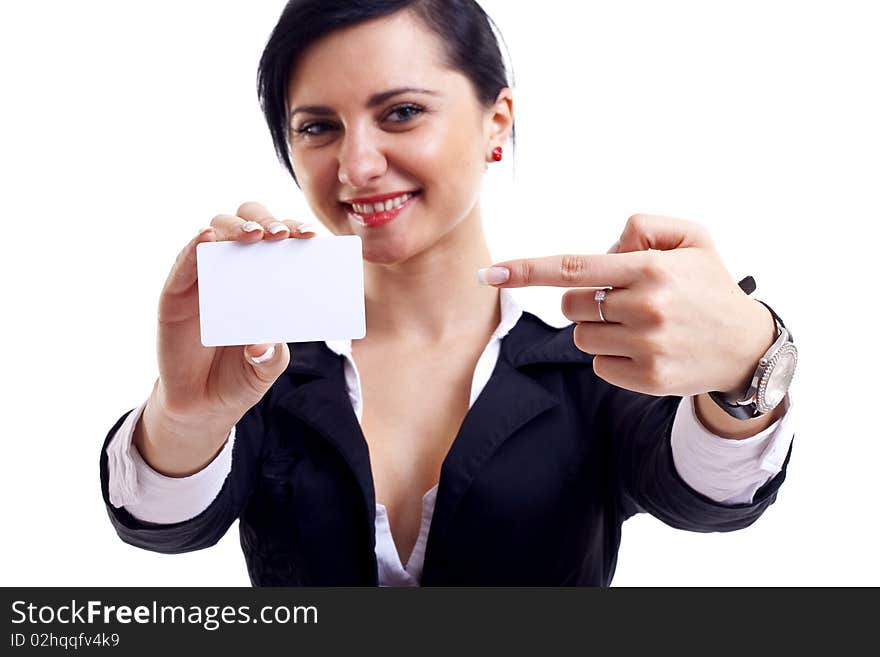 Studio shot of Businesswoman presenting her business card. Studio shot of Businesswoman presenting her business card