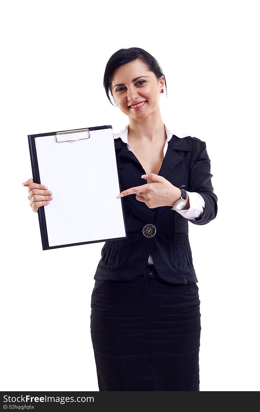 Business woman displaying a notebook at the office