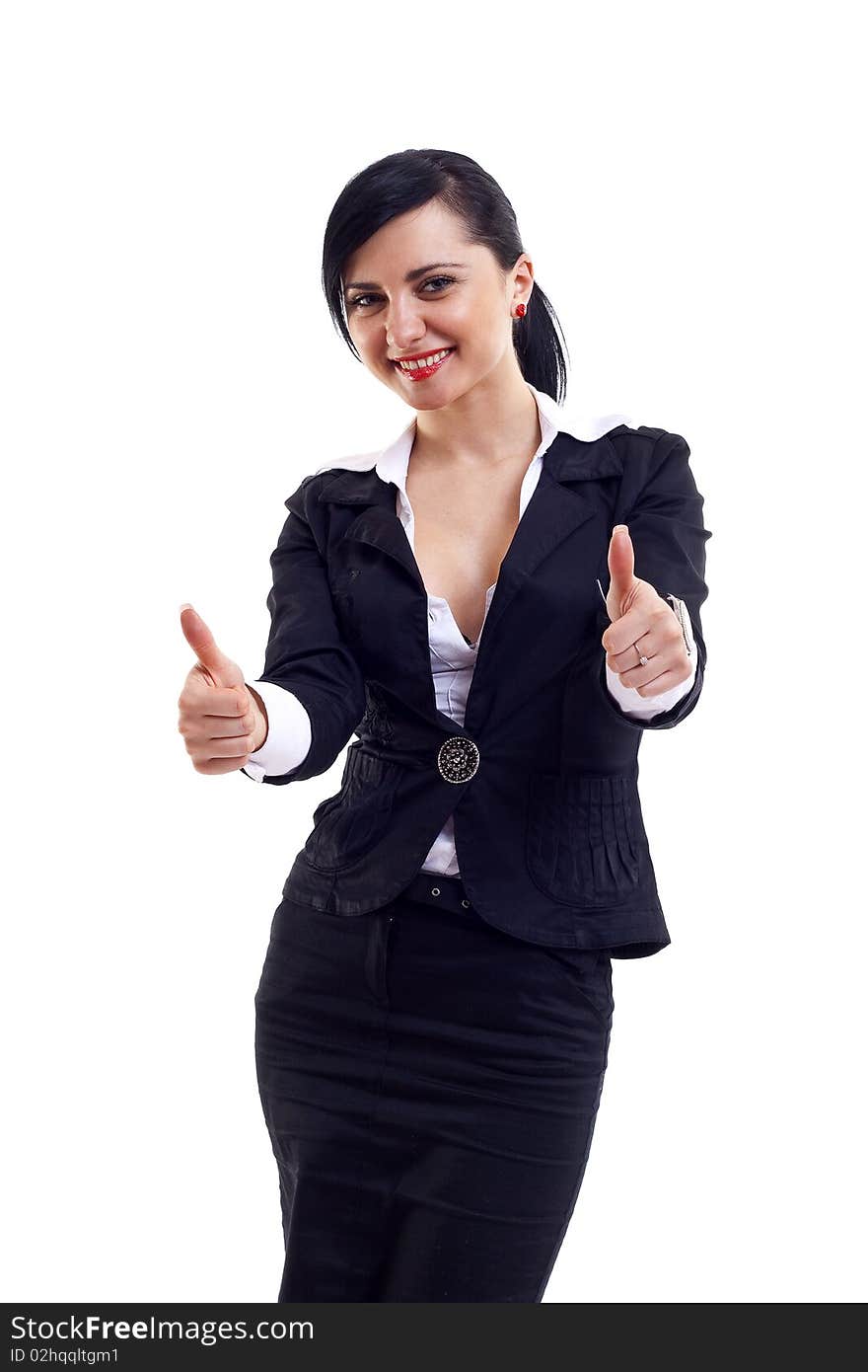 Businesswoman giving thumbs up isolated on white white background.