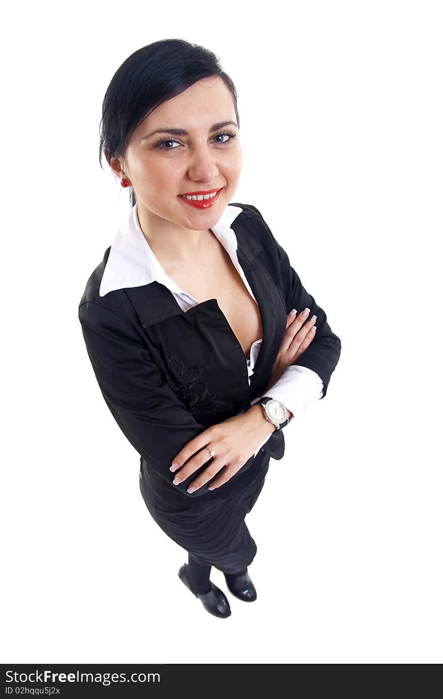 Happy businesswoman with her arms crossed (isolated on white)