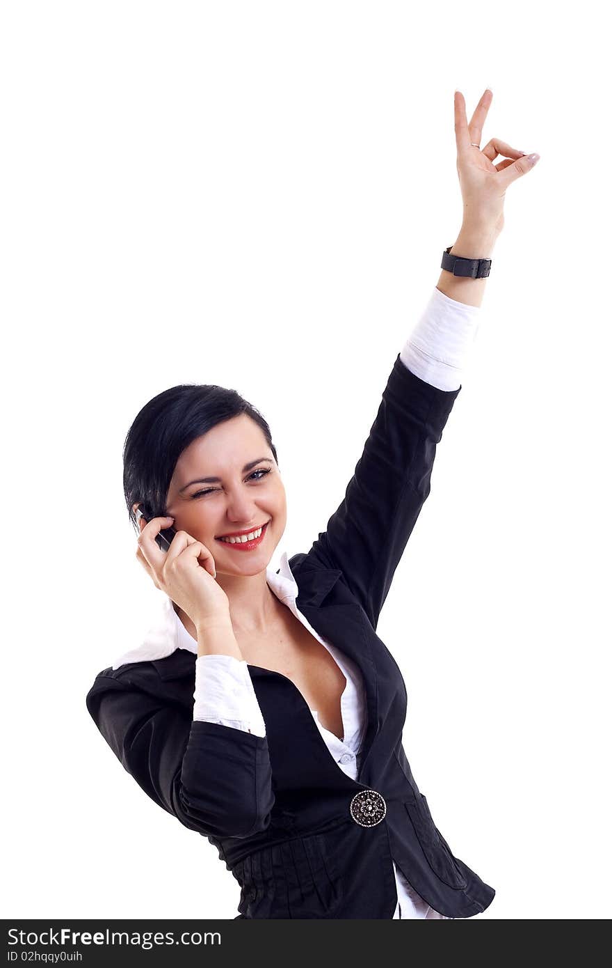 Attractive businesswoman on the phone winning over white. Attractive businesswoman on the phone winning over white