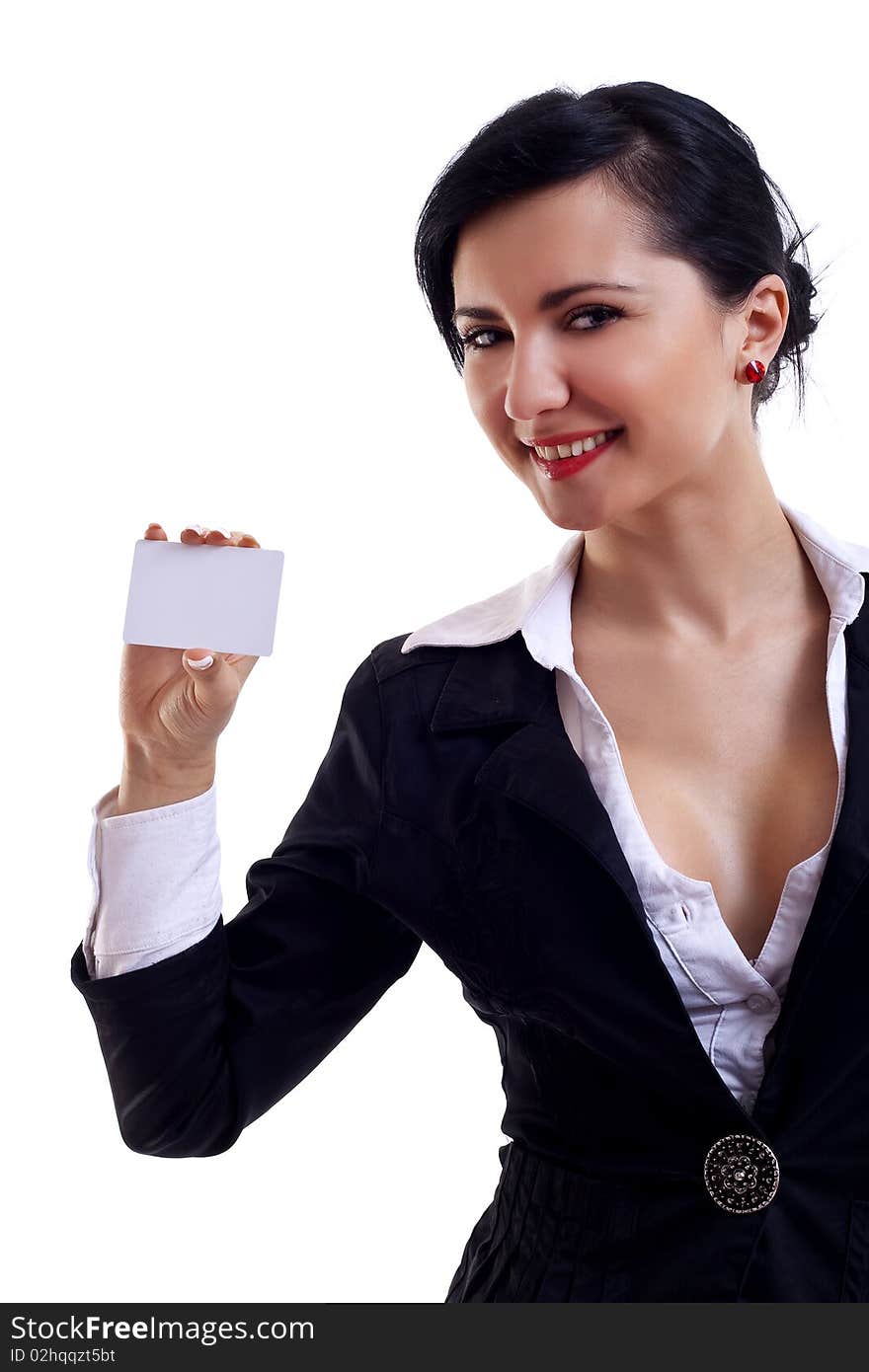 Businesswoman with blank card over white background. Businesswoman with blank card over white background