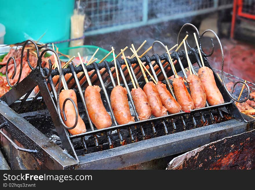 Traditional grilled sausage. Sales food market. Traditional grilled sausage. Sales food market.