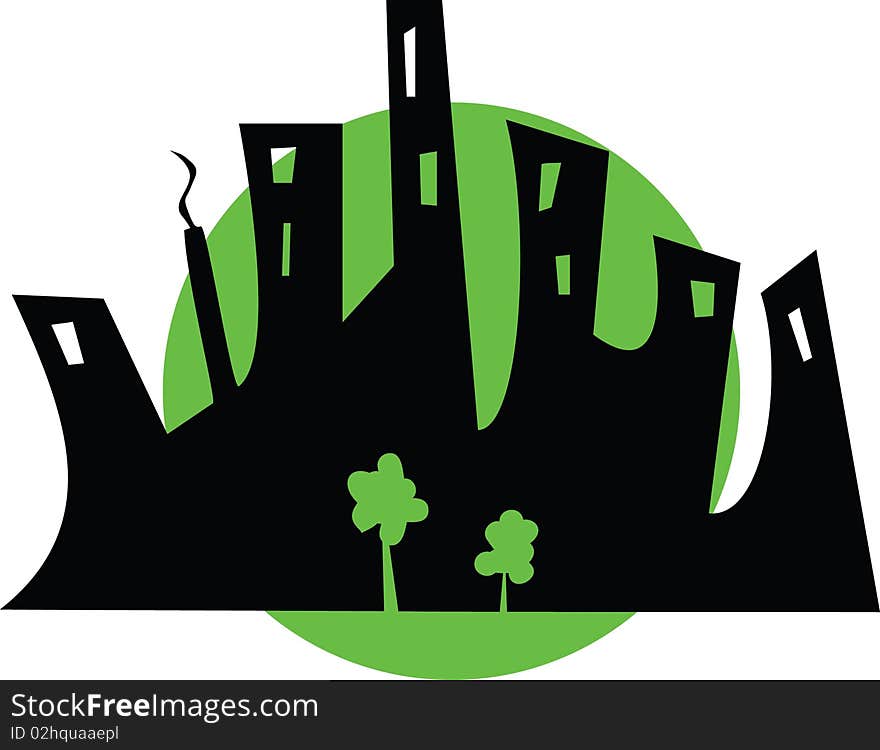 Black silhouette of a city and green trees