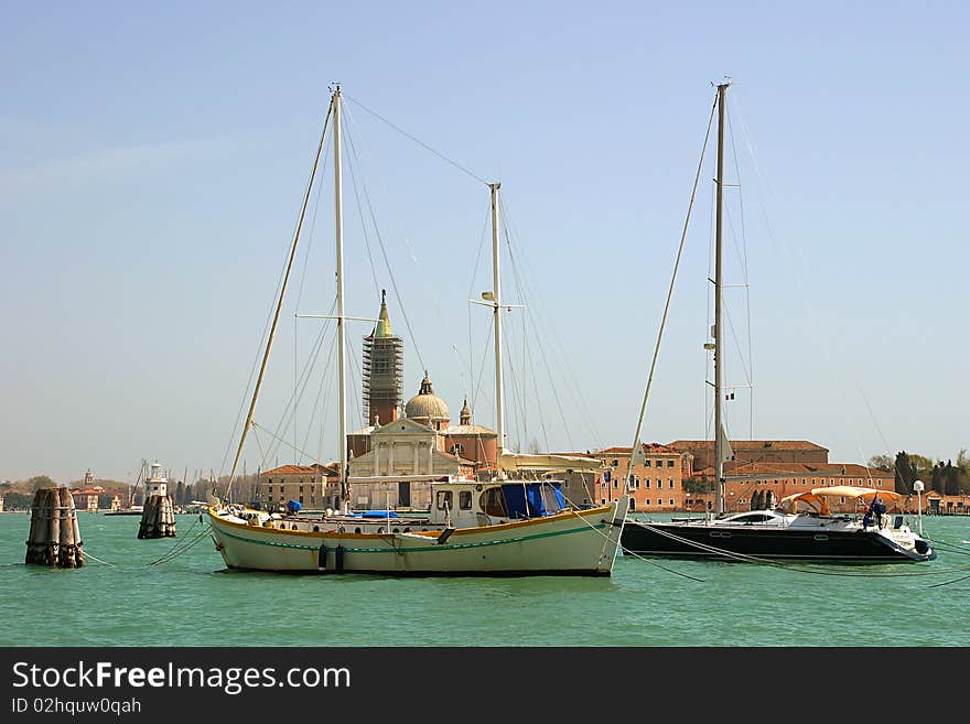 Yachts on Grand Canal in front of San Giorgio Maggiore church in Venice, Italy. Yachts on Grand Canal in front of San Giorgio Maggiore church in Venice, Italy.