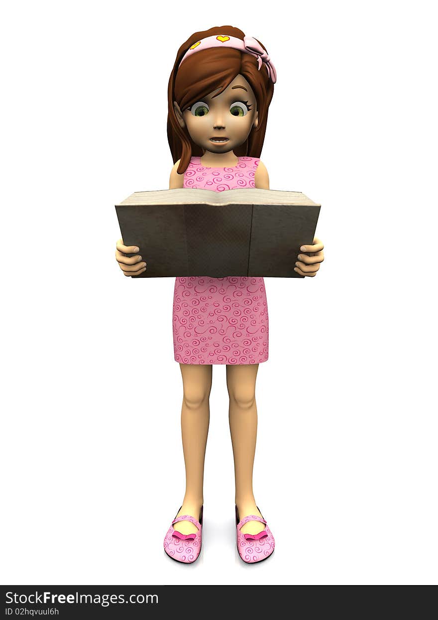 A cute cartoon girl in pink dress looking horrified or surprised when reading the book she is holding in her hands. White background. A cute cartoon girl in pink dress looking horrified or surprised when reading the book she is holding in her hands. White background.