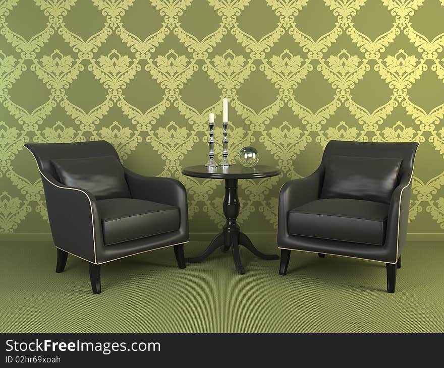 3D interior scene with two armchairs. 3D interior scene with two armchairs.