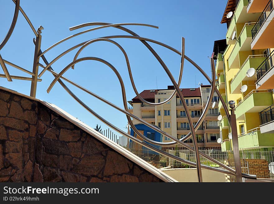 An Metal parapet with stone wall. An Metal parapet with stone wall