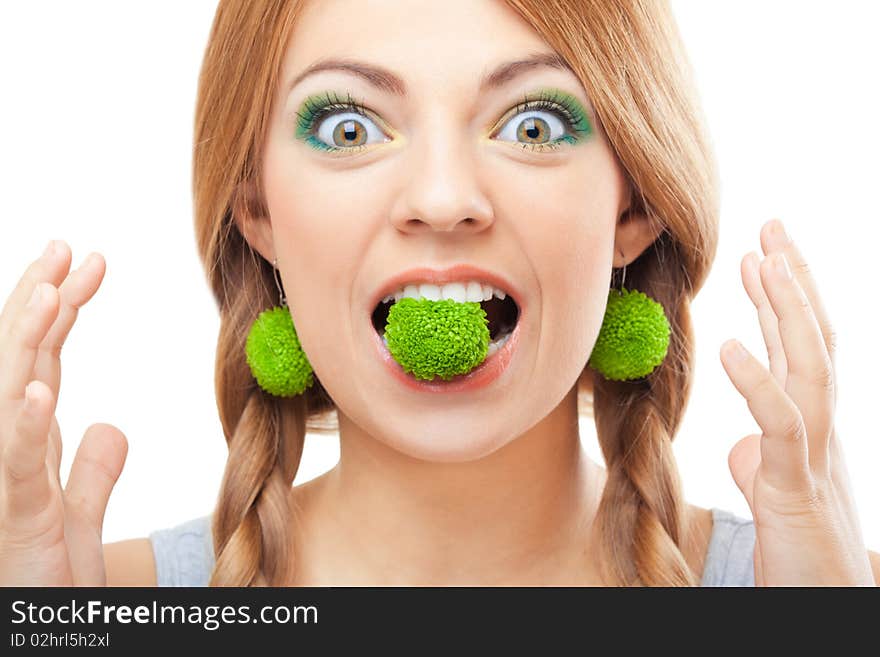 Young girl with open mouth on white background. Young girl with open mouth on white background