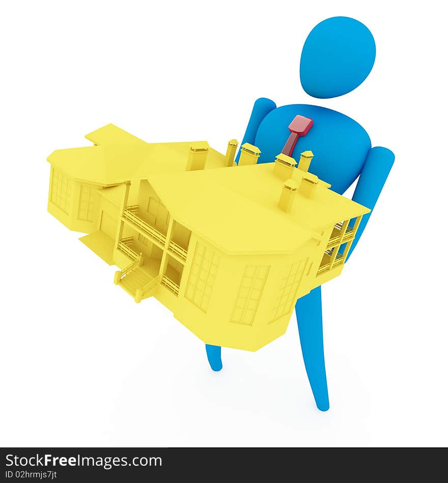 3D person holding a yellow house isolated over a white background