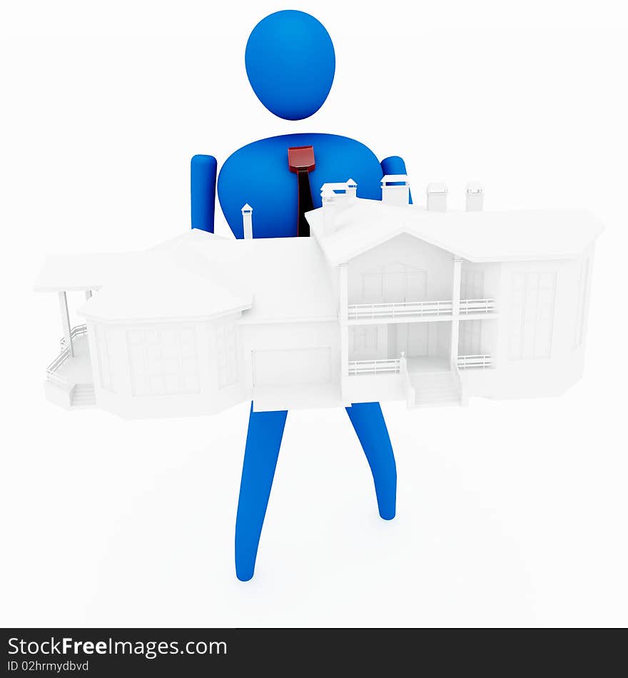 3D person holding a house isolated over a white background