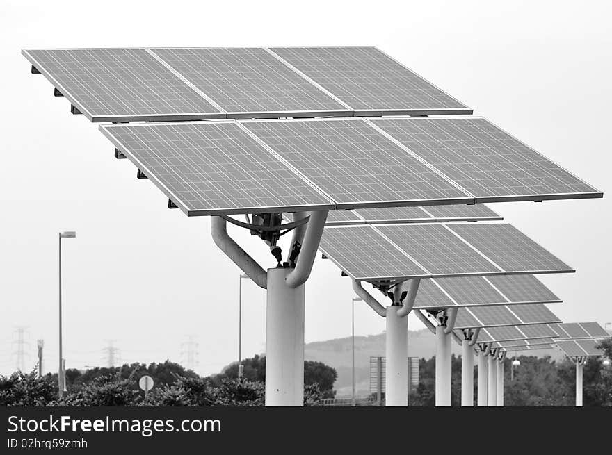 Facilities of solar energy on black and white