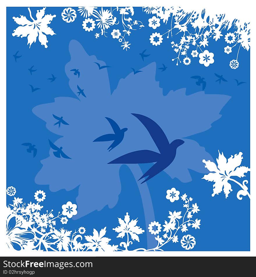 Plants, Flowers and Birds Background in Blue and White for Tags, Cards, Labels etc...