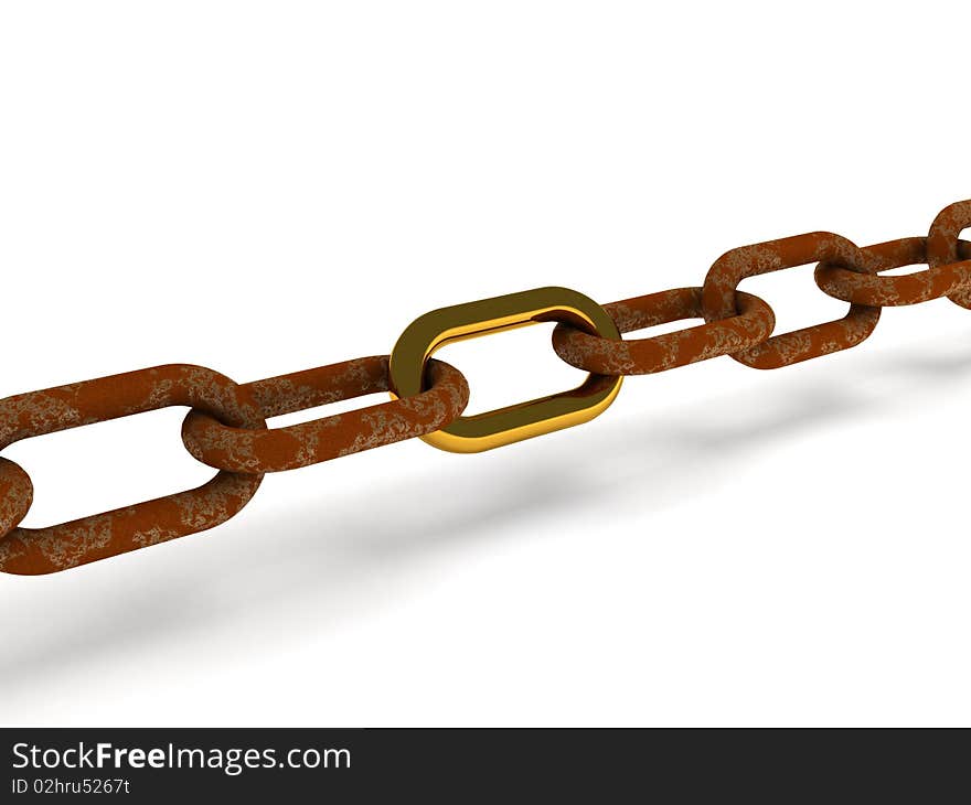 Individuality. Steel chain with rusty link isolated on white background. High quality 3d render.