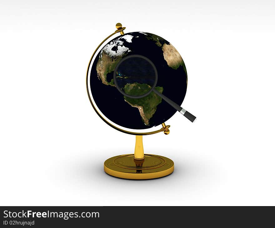 Global search. Globe and magnifying isolated on white background. High quality 3d render.