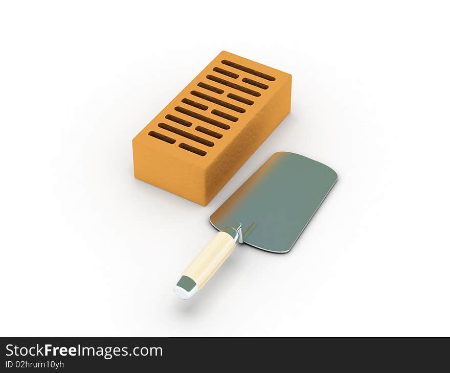 Construction. Brick and trowel isolated on white background. High quality 3d render.