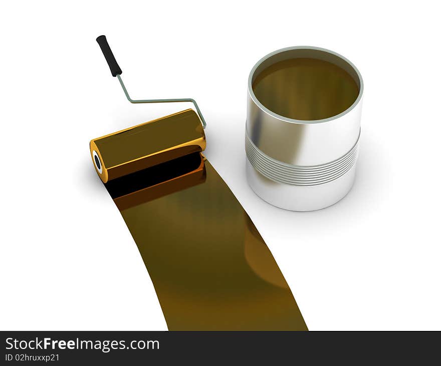 Golden paint. Roller and steel can isolated on white background. High quality 3d render.