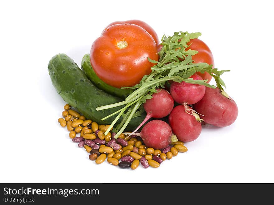 Still life of vegetables arugula and beans