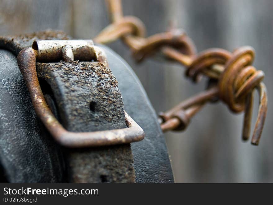 Close up of old rusty leather buckle of a spur hanging on rusty barbed wire. Close up of old rusty leather buckle of a spur hanging on rusty barbed wire