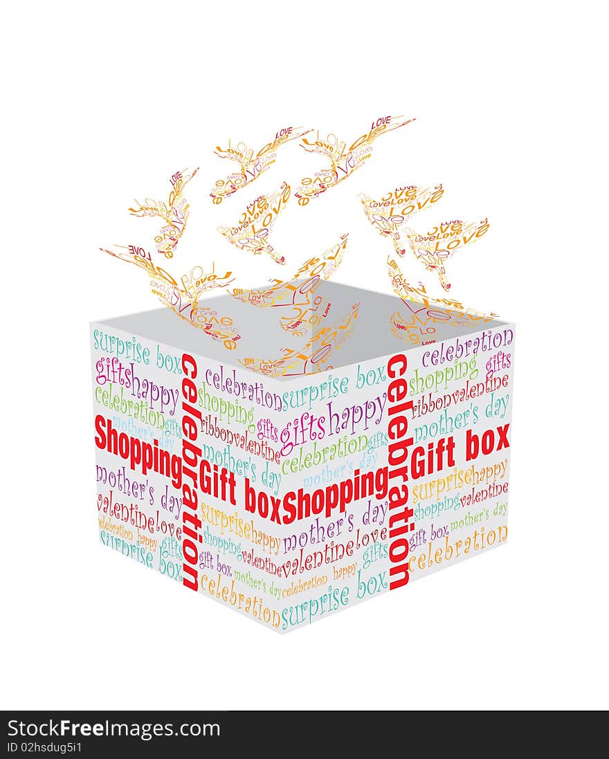 Typographic gift box and birds. Typographic gift box and birds