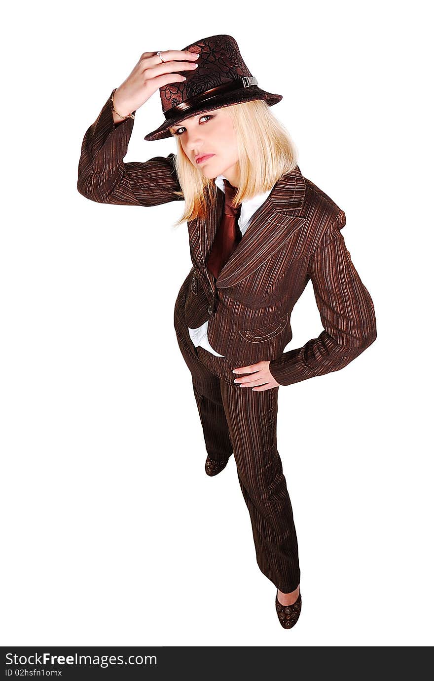 Girl in brown suit on white background