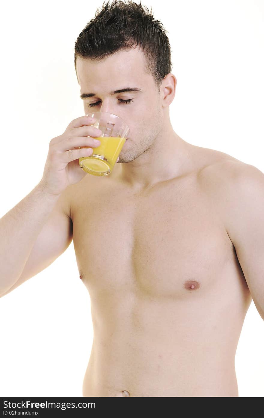 Young fit man dringing orange juice isolated on white. Young fit man dringing orange juice isolated on white