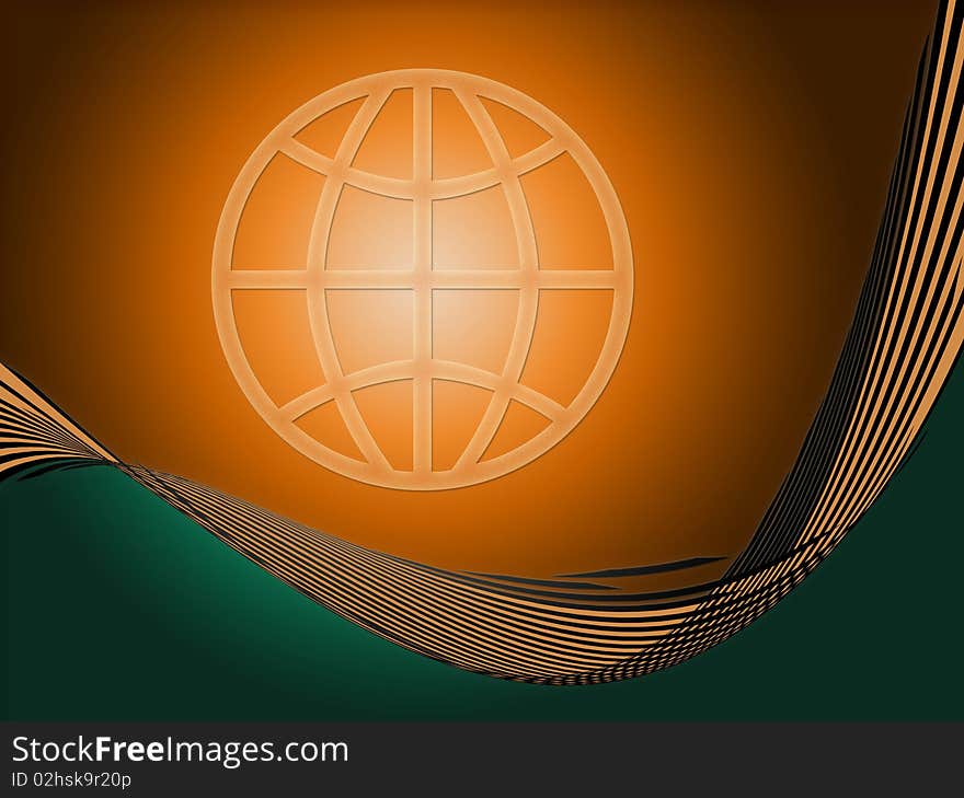 Abstract world symbol on an orange and green glowing background with waves. Abstract world symbol on an orange and green glowing background with waves