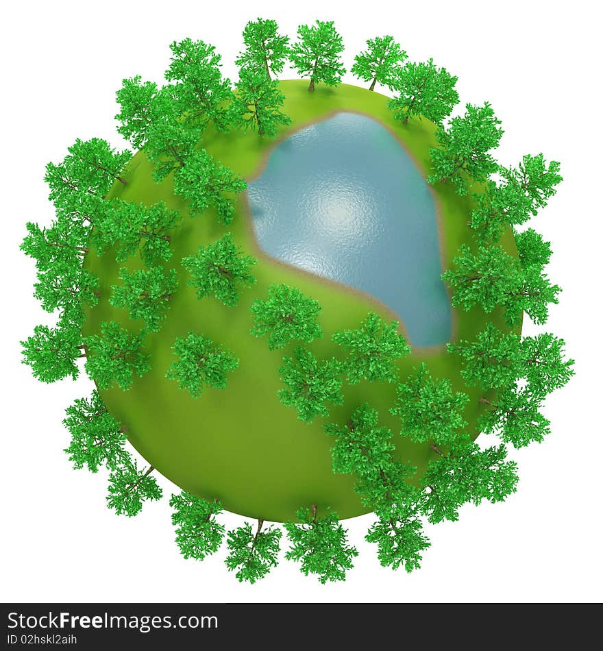 High quality render of a little round planet with oversized trees and lake