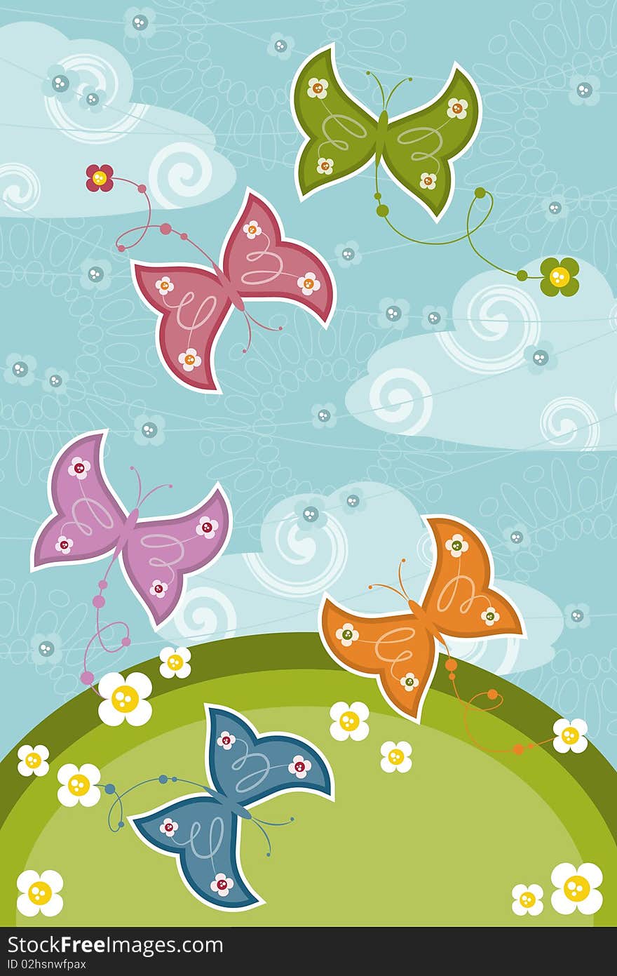 Invitation card with butterflies, flowers and clouds. Invitation card with butterflies, flowers and clouds