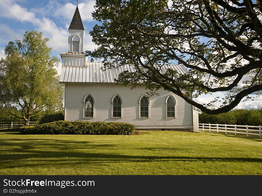 Old clapboard white rural church in Willamette Valley, Oregon, Oak Grove. Old clapboard white rural church in Willamette Valley, Oregon, Oak Grove