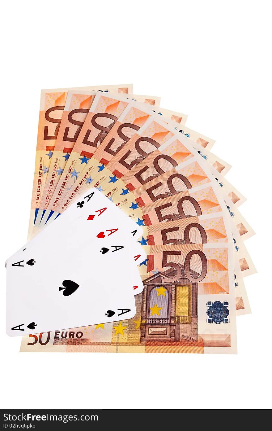 Four aces and 50 Euro banknotes over white backgroud. Four aces and 50 Euro banknotes over white backgroud.