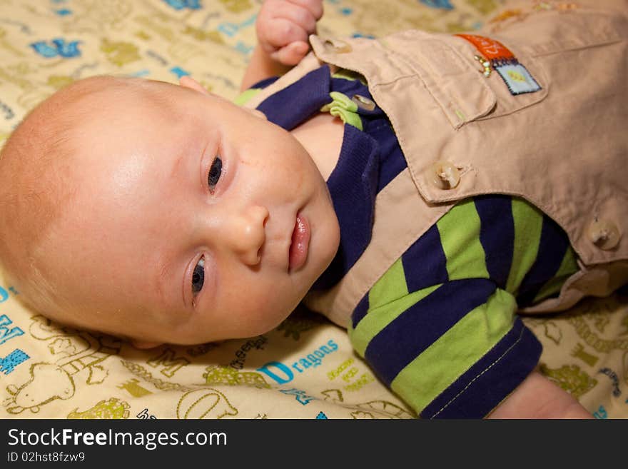 A very young baby boy child is photographed while he is 0-3 months old infant.