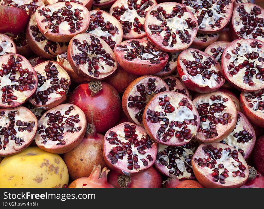 Bloody fresh pomegranates on Istanbul street market. Bloody fresh pomegranates on Istanbul street market