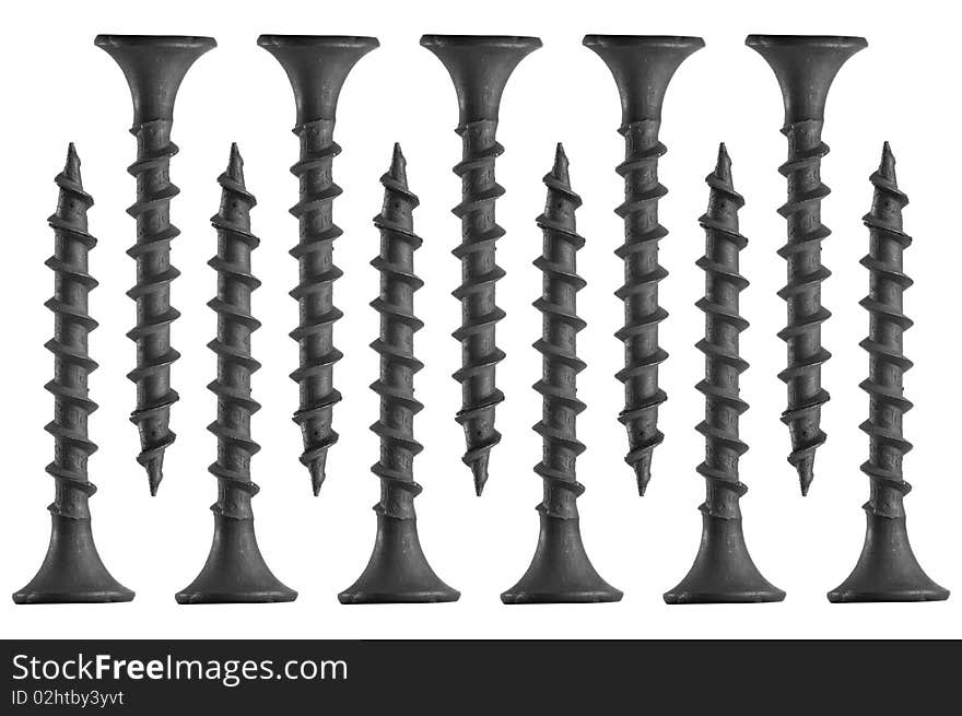 Closeup of metal screws on white background