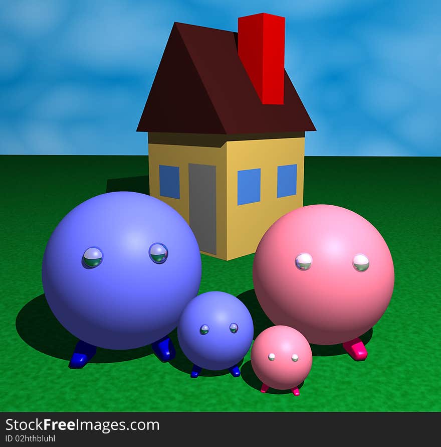 3d illustration of a family in front of their house. 3d illustration of a family in front of their house