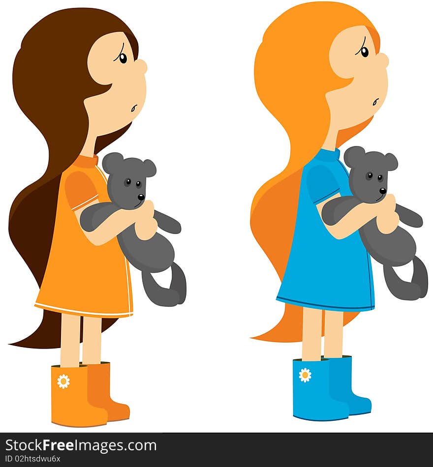 Two little girls with toy bears. Vector illustration