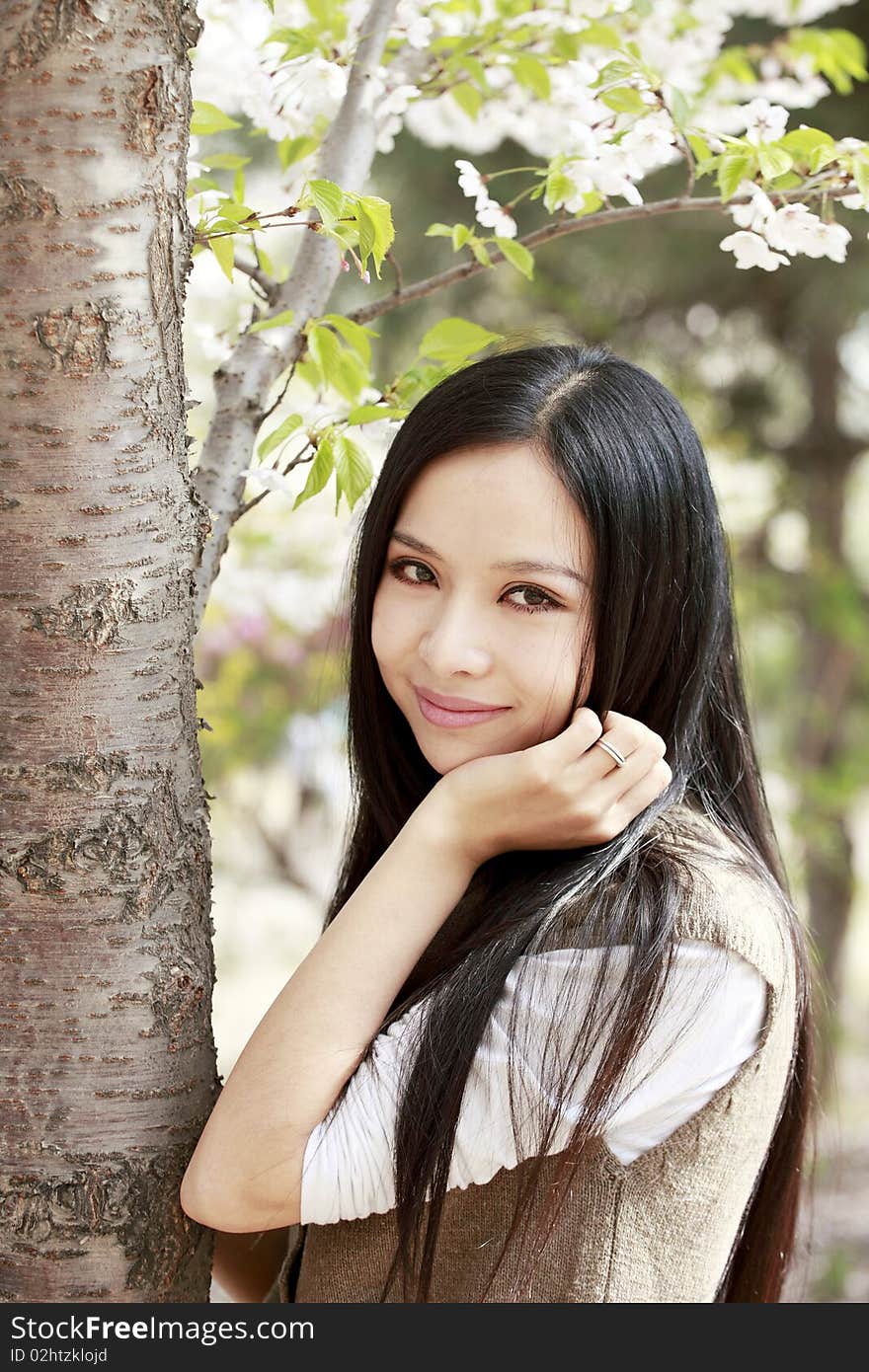 Beautiful Asian girl smiling under cherry tree. Beautiful Asian girl smiling under cherry tree.