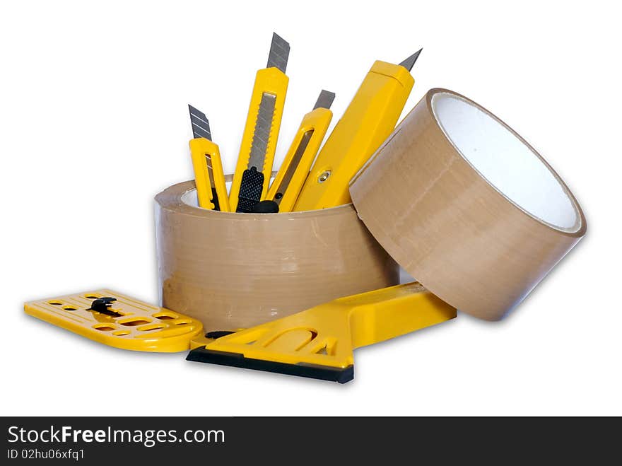 Cutting Tools set with rolls tape isolated on white