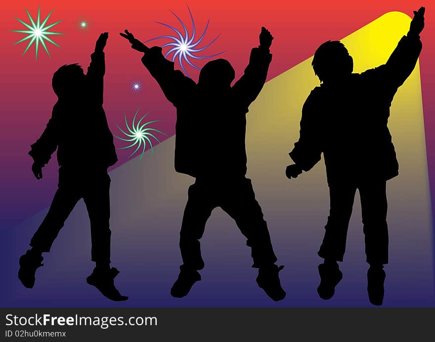 Three child silhouettes dancing in a disco-like environment. Three child silhouettes dancing in a disco-like environment.